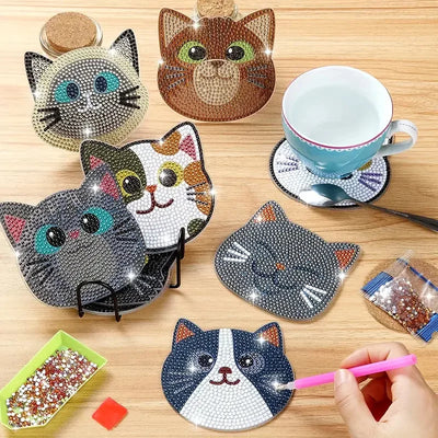 10pcs Diamond Painting Coasters Set, DIY Cartoon Cat Pattern Round Coasters 10x10cm/3.93x3.93in