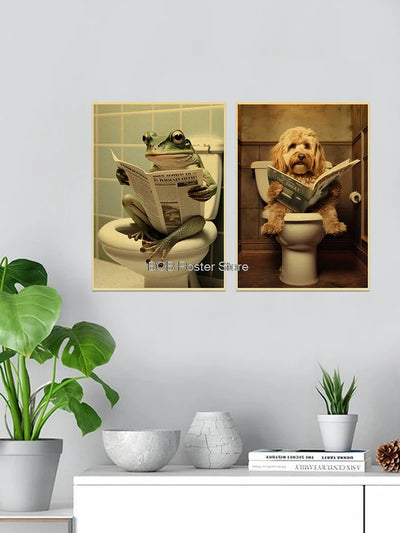 Animal Bathroom Toilet Funny Poster Kraft Paper Cat Dog Frog Art Home Decor Picture DIY Toilet Room Painting Wall Sticker Gift