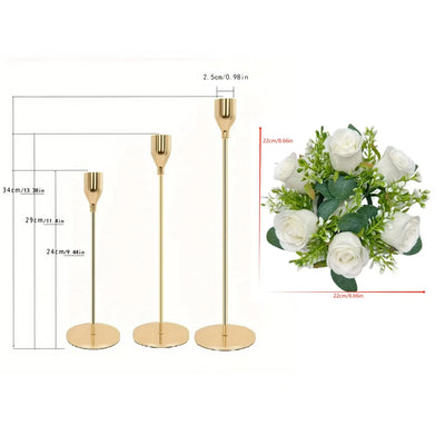 Wedding Party Decoration Candle Holders, Three 6-Head Fake Rose Garlands, Three Ivory White Electronic Candles