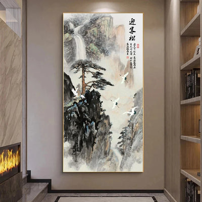 Chinese Ink Style Pine Tree Alpine Flow Water Wall Art Poster Living Room Corridor Office Decor Canvas Painting Print Mural Gift