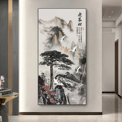 Chinese Ink Style Pine Tree Alpine Flow Water Wall Art Poster Living Room Corridor Office Decor Canvas Painting Print Mural Gift