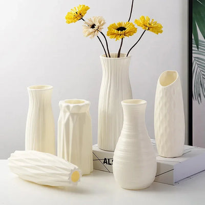 Plastic Flower Vase Imitation Ceramic White Flower Pot Basket Nordic Home Living Room Decoration Ornament Flower Arrangement