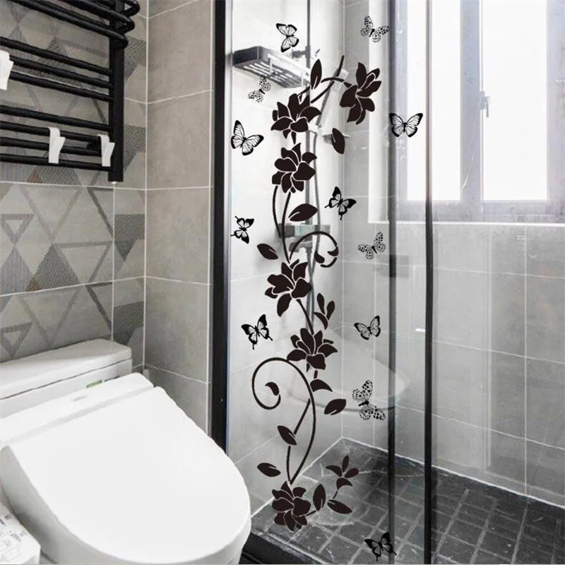 90*30CM Black Floral Butterfly Wall Sticker For Bathroom Door Sticker Bathtub Bedroom Background Self-Adhesive