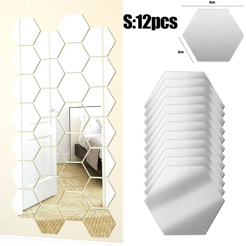 Lots Hexagonal Acrylic Mirror Wall Sticker Mini Mirror Solid Paster Self-adhesive Gold Silver Decals Home Bedroom Art Decoration