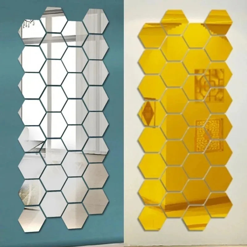 12pcs Hexagon Mirror Wall Stickers Self Adhesive Removable Wall Sticker Gold Silver Mosaic Tiles Decals Bedroom Home Decor