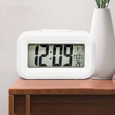 Battery Powered Mini Digital Alarm Clock Temperature Date Week Backlight Snooze Mute Table Clock 12/24H Countdown LCD Clock