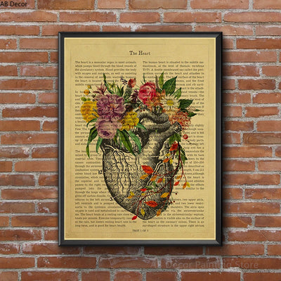 Human Heart/Lungs/Thorax/Cerebrum Anatomy with Flower and Description Posters Prints Retro Home Medical Decor Art Wall Painting