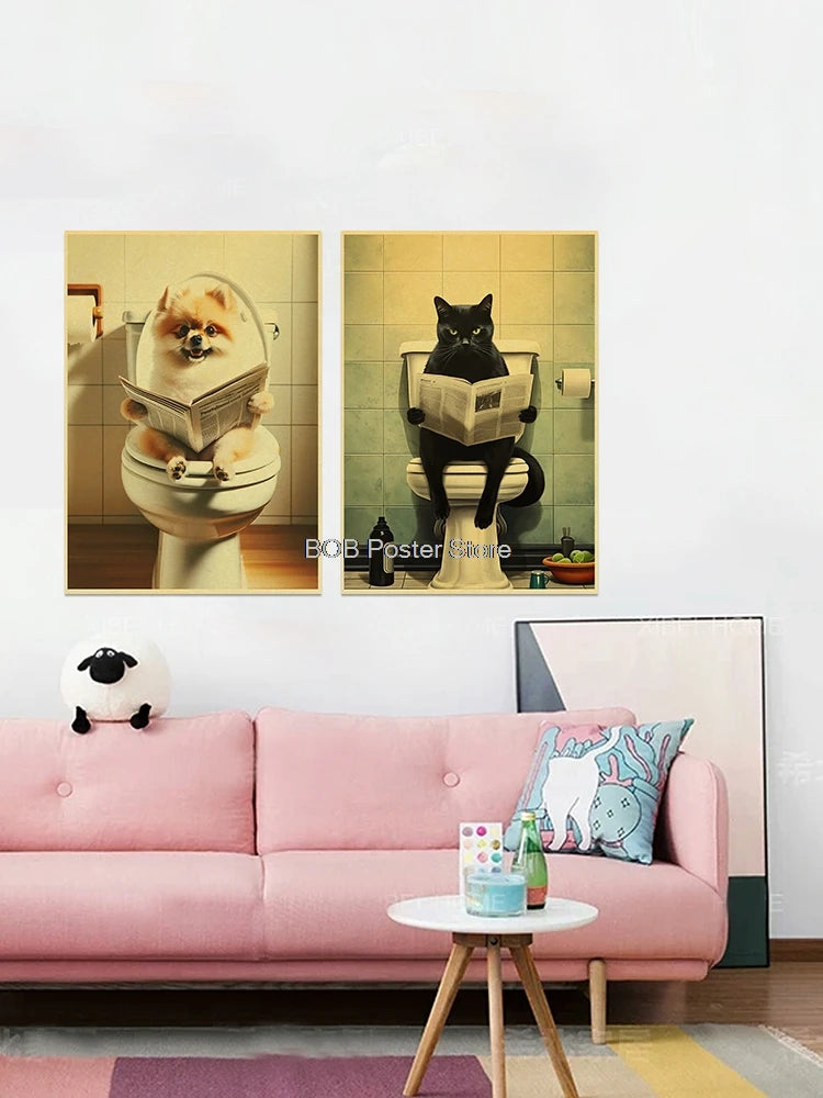 Animal Bathroom Toilet Funny Poster Kraft Paper Cat Dog Frog Art Home Decor Picture DIY Toilet Room Painting Wall Sticker Gift