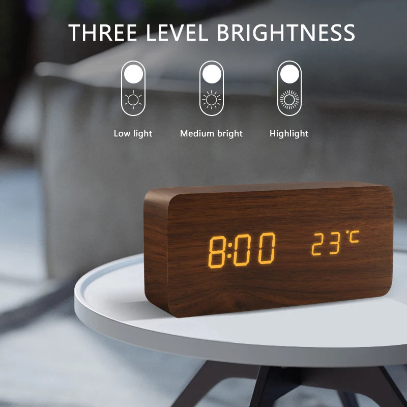 Alarm Clock LED Wooden Watch Table Voice Control Digital Wood Despertador USB/AAA Powered Electronic Desktop Clocks