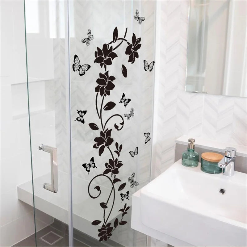 90*30CM Black Floral Butterfly Wall Sticker For Bathroom Door Sticker Bathtub Bedroom Background Self-Adhesive