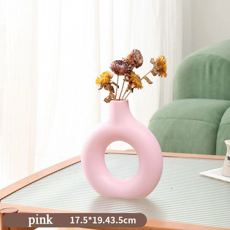 Plastic Circle Vase Donut Shape Living Room Decoration Dry Flower Vase Nordic Style Home Decor Furnishings Vase Room Decor