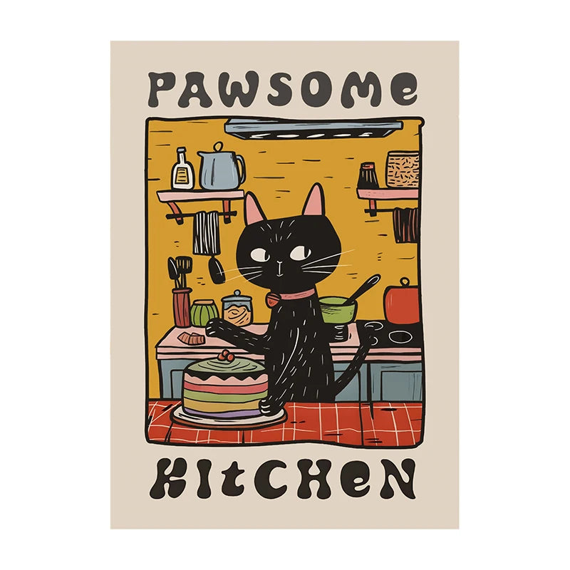 Retro Kitchen Canvas Poster Cat Chef Art Print Dishes Wall Art Pictures for Bedroom Kitchen Home Decoration Gift Idea