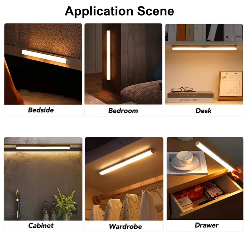 USB Rechargeable Motion Sensor Wireless LED Night Light Long Strip Bar Lamp for Kitchen Cabinet Wardrobe Bedside Staircase Tube