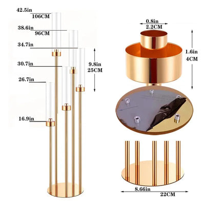 2-20pc 5 Heads Metal Candelabra Candle Holders Road Lead Table Centerpiece Gold Candelabrum Stand Pillar Candlestick wedding