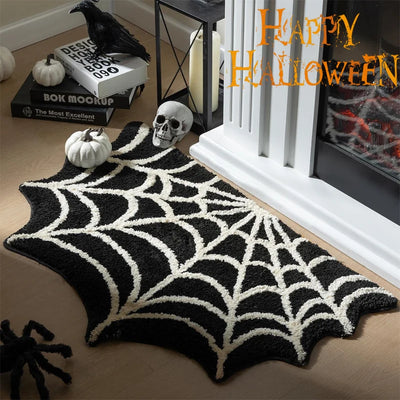 Black Spider Web Halloween Rug Bathroom Rug for Halloween Decor Spooky Gothic Bath Mat Non-Slip Tufted Mat for Front Door Living