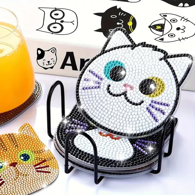 10pcs Diamond Painting Coasters Set, DIY Cartoon Cat Pattern Round Coasters 10x10cm/3.93x3.93in