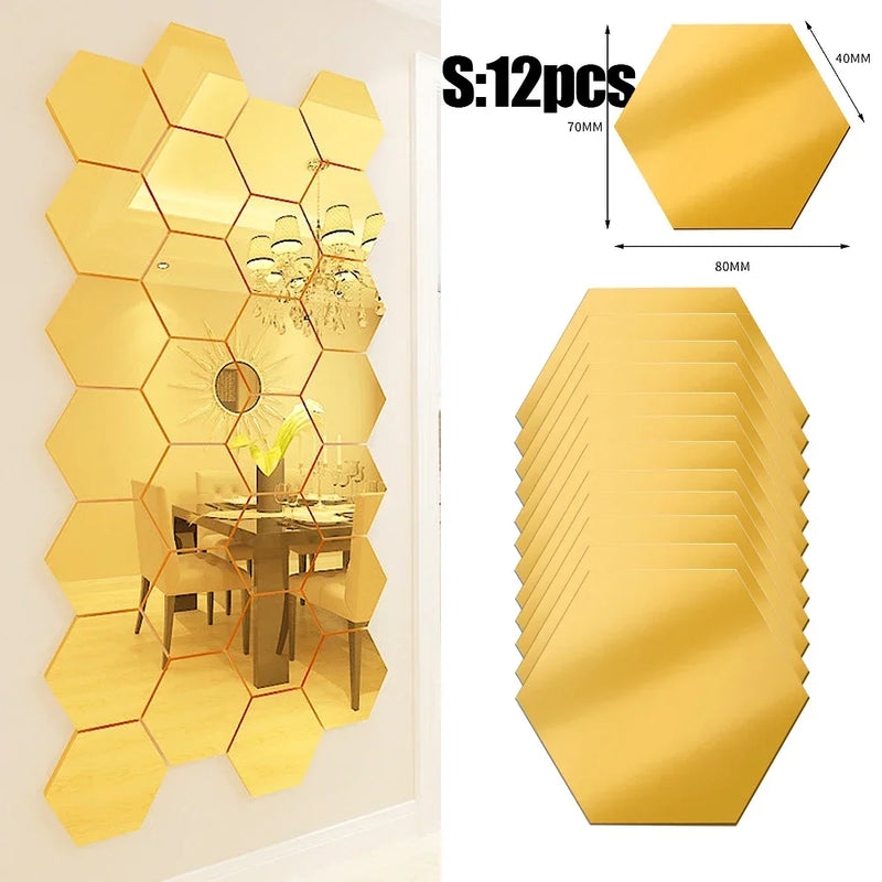 Lots Hexagonal Acrylic Mirror Wall Sticker Mini Mirror Solid Paster Self-adhesive Gold Silver Decals Home Bedroom Art Decoration