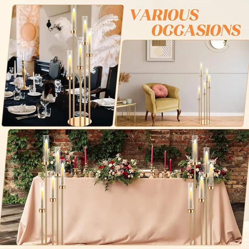 2-20pc 5 Heads Metal Candelabra Candle Holders Road Lead Table Centerpiece Gold Candelabrum Stand Pillar Candlestick wedding