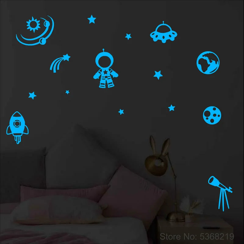 Universe Stickers Stars Spacecraft Astronaut Astronomical Telescope Space Rocket Kids Room Wall Ceiling Decoration Glow Stickers