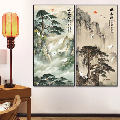 Chinese Ink Style Pine Tree Alpine Flow Water Wall Art Poster Living Room Corridor Office Decor Canvas Painting Print Mural Gift