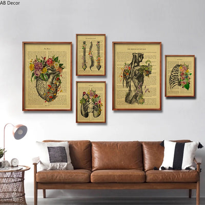 Human Heart/Lungs/Thorax/Cerebrum Anatomy with Flower and Description Posters Prints Retro Home Medical Decor Art Wall Painting