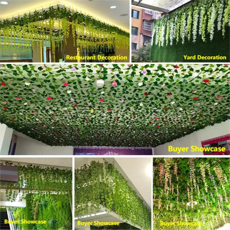 2.1M Green Ivy Leaf Hanging Vine Artificial Garland Silk Wall Plant Home Garden Decoration Wedding Party DIY Fake Wreath Leaves