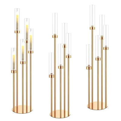 10pcs 5/8 Heads Metal Candelabra Candle Holders Road Lead Table Centerpiece Gold Candelabrum Stand Pillar Candlestick wedding