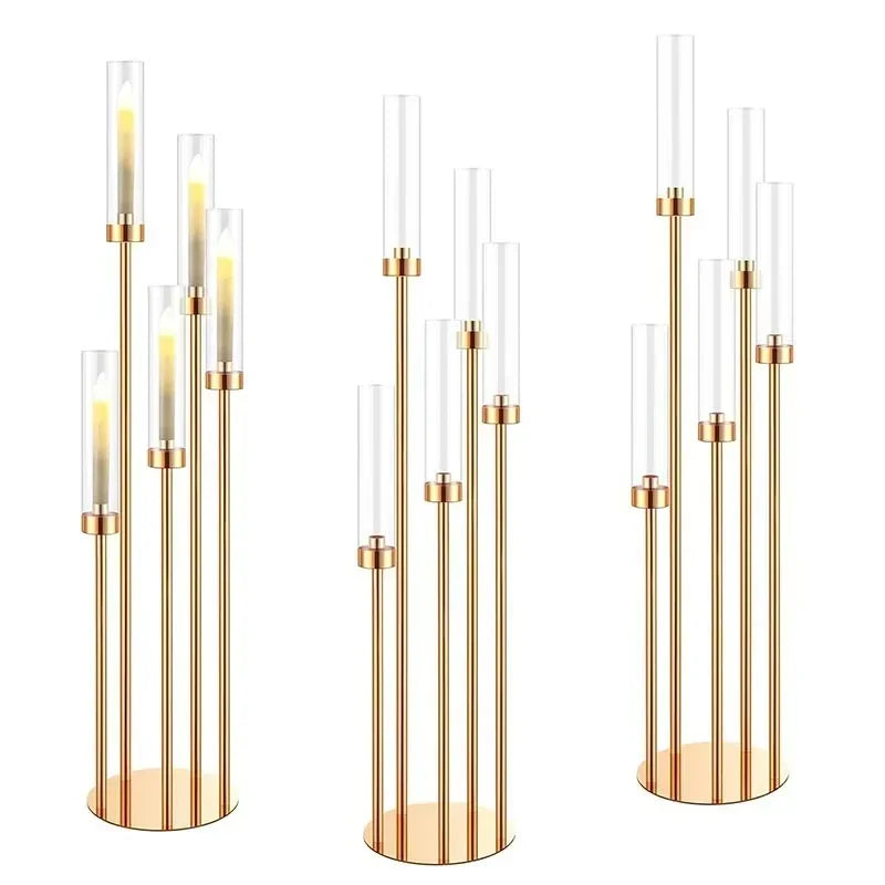 10pcs 5/8 Heads Metal Candelabra Candle Holders Road Lead Table Centerpiece Gold Candelabrum Stand Pillar Candlestick wedding