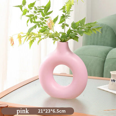 1Pcs Plastic Flat Minimalist Vase Wedding Decoration Donut Shape Flower Vase Oval Hollow Black Vases Fashion Home Living Room