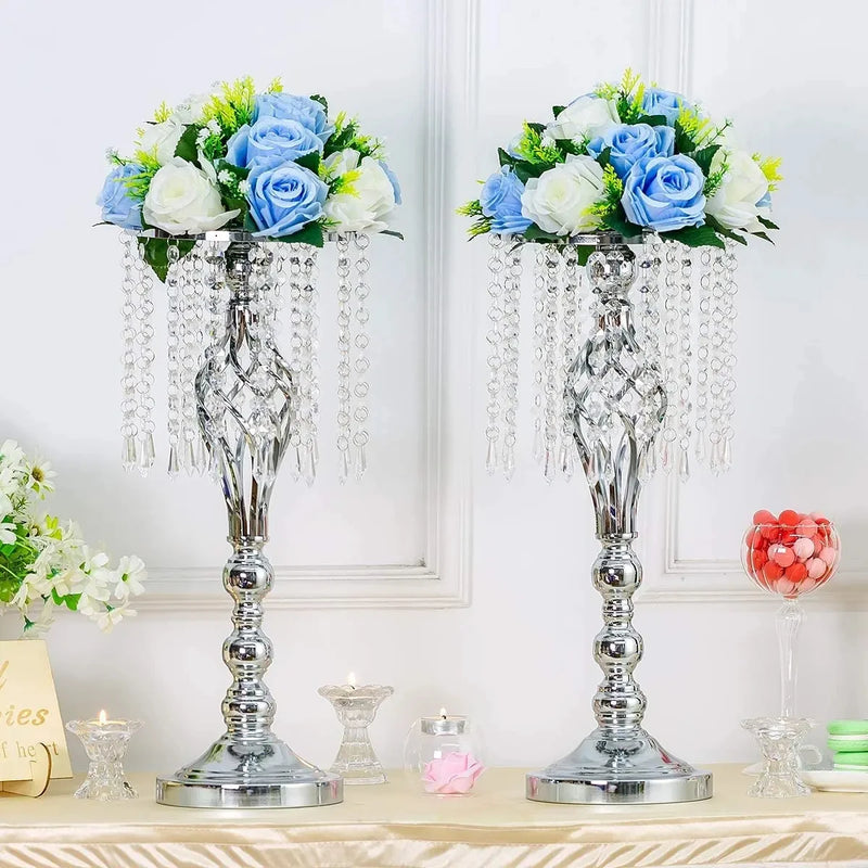 10pcs Gold Silver Vases for Wedding Centerpiece Table Decorations with Crystal Strings, Wedding Metal Flower Stands