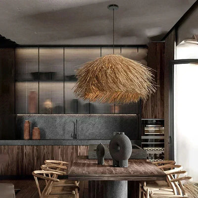 Hand Woven Rattan Hanging Lamp for Ceiling Shop Bar Grass Pendant Lights Japan Living Room Chandelier Loft Room Decor Lustre LED