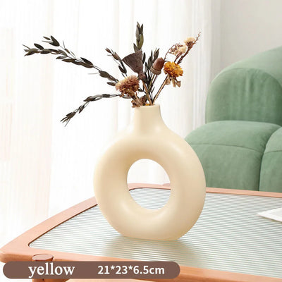 1Pcs Plastic Flat Minimalist Vase Wedding Decoration Donut Shape Flower Vase Oval Hollow Black Vases Fashion Home Living Room