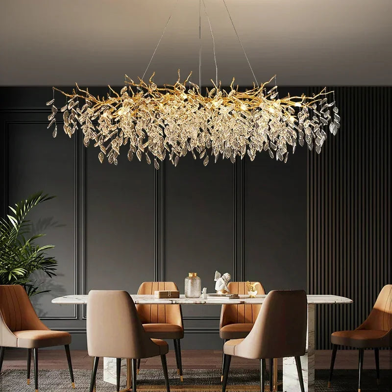 Luxury Dining Room Branch Led Pendant Lights Lustre Crystal Art Hanging Lamp Post Modern Suspend Lamp Gold Chandelier Fixtures