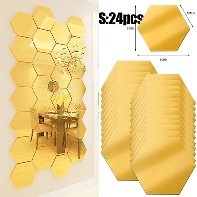 Lots Hexagonal Acrylic Mirror Wall Sticker Mini Mirror Solid Paster Self-adhesive Gold Silver Decals Home Bedroom Art Decoration