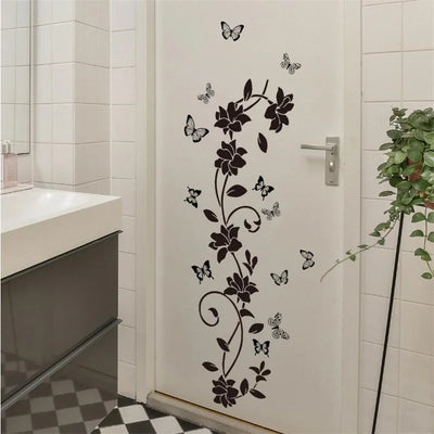 90*30CM Black Floral Butterfly Wall Sticker For Bathroom Door Sticker Bathtub Bedroom Background Self-Adhesive