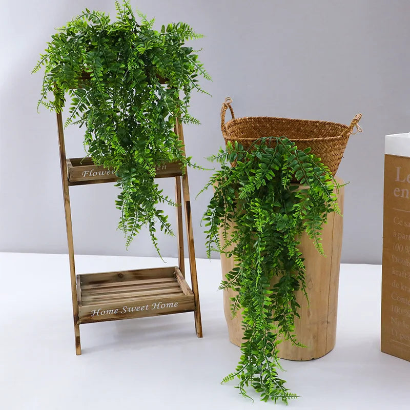 2PCS Artificial Rattan Fake Hanging Boston Fern Plant Faux Greenery Plastic Vine Outdoor Garden Basket Grass Wedding Party Decor