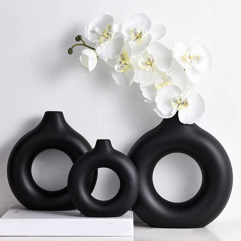 Hot Sale Donut Shape Flower Vase Oval Wedding Decoration Home Living Room  1Pcs Plastic Flower Vase White Flat Minimalist