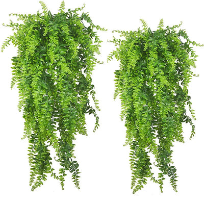 2PCS Artificial Rattan Fake Hanging Boston Fern Plant Faux Greenery Plastic Vine Outdoor Garden Basket Grass Wedding Party Decor