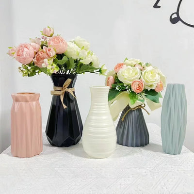 Plastic Flower Vase Imitation Ceramic White Flower Pot Basket Nordic Home Living Room Decoration Ornament Flower Arrangement