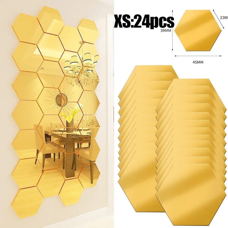 Lots Hexagonal Acrylic Mirror Wall Sticker Mini Mirror Solid Paster Self-adhesive Gold Silver Decals Home Bedroom Art Decoration